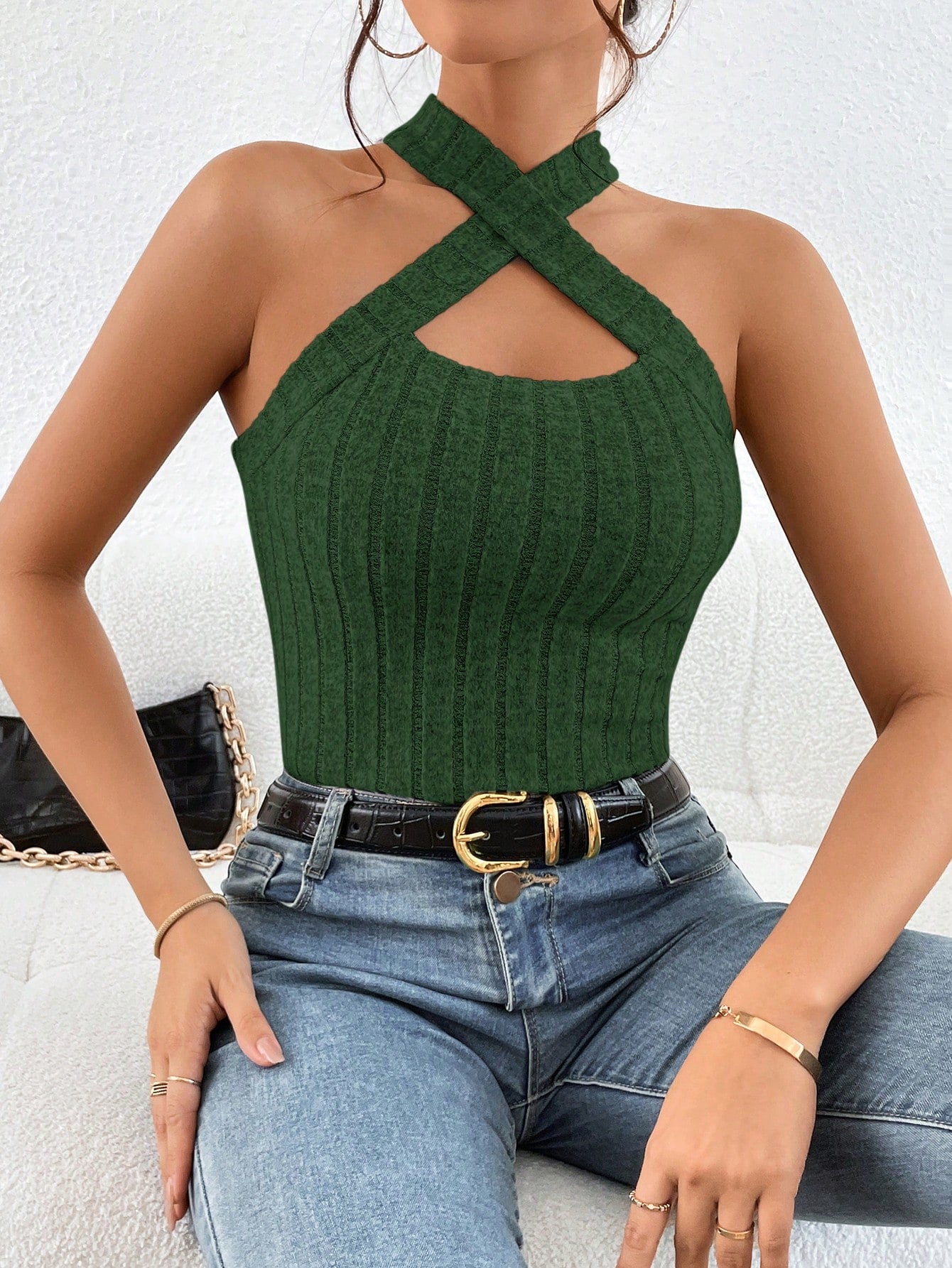 Crisscross Halter Neck Ribbed Knit Top