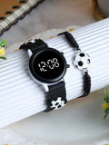 1pc Dry Battery Powered Led Football Printed Circular Cute Wristband Watch & 1pc Football Printed Bracelet Suitable For Daily Wear, Boys & Girls