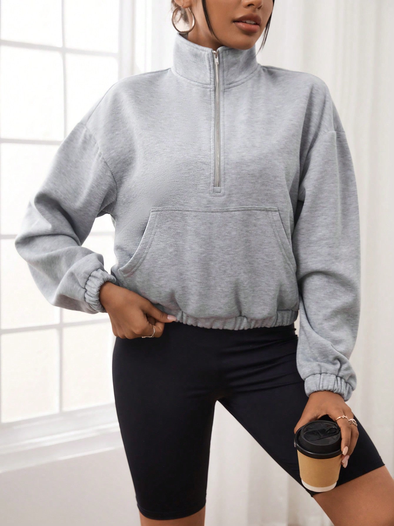Spring Outfits White Drop Shoulder Zip Half Placket Crop Sweatshirt