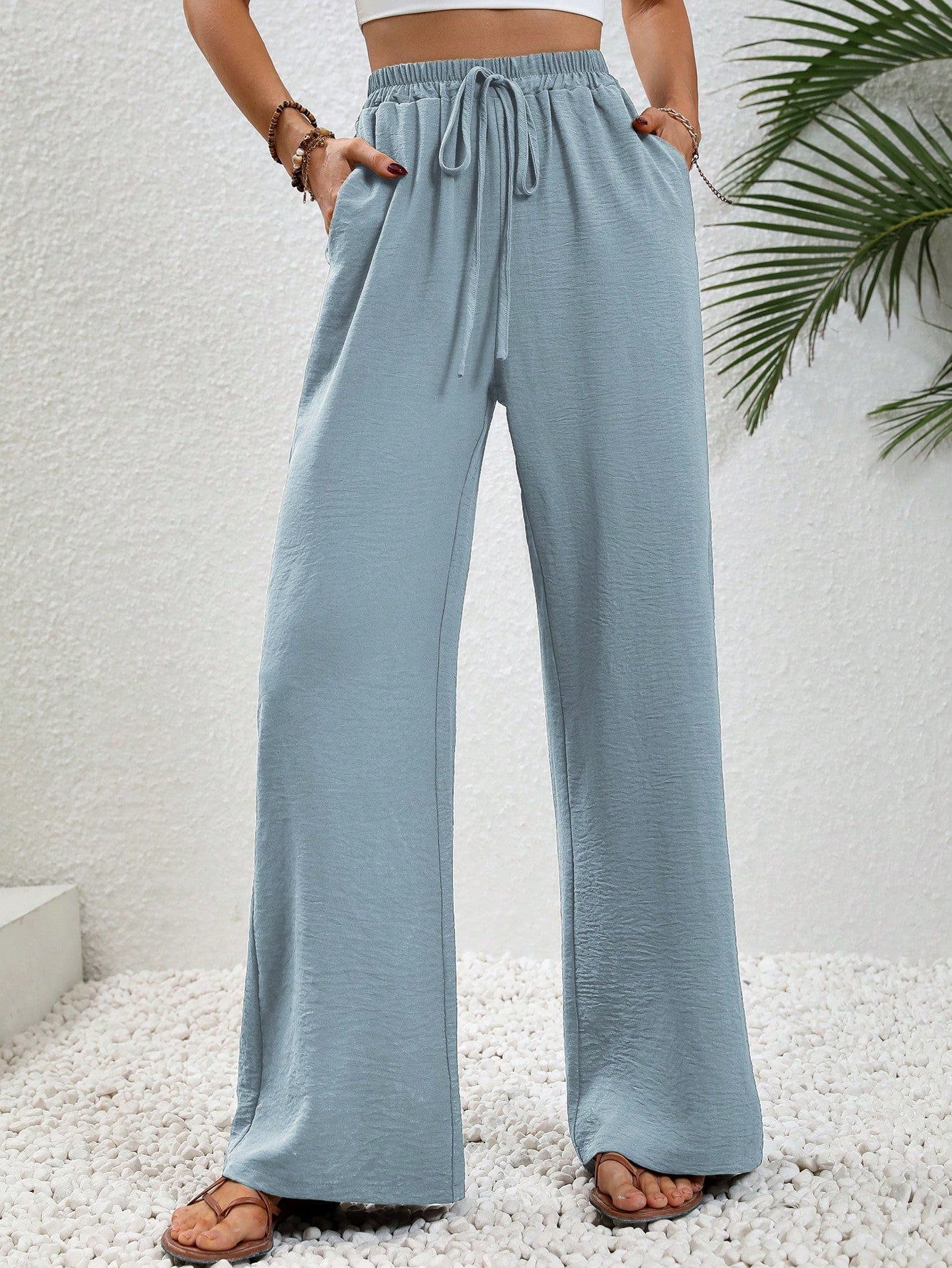 Drawstring Waist Slant Pocket Wide Leg Pants