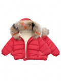 Young Girl Zip Up Fuzzy Trim Hooded Padded Coat