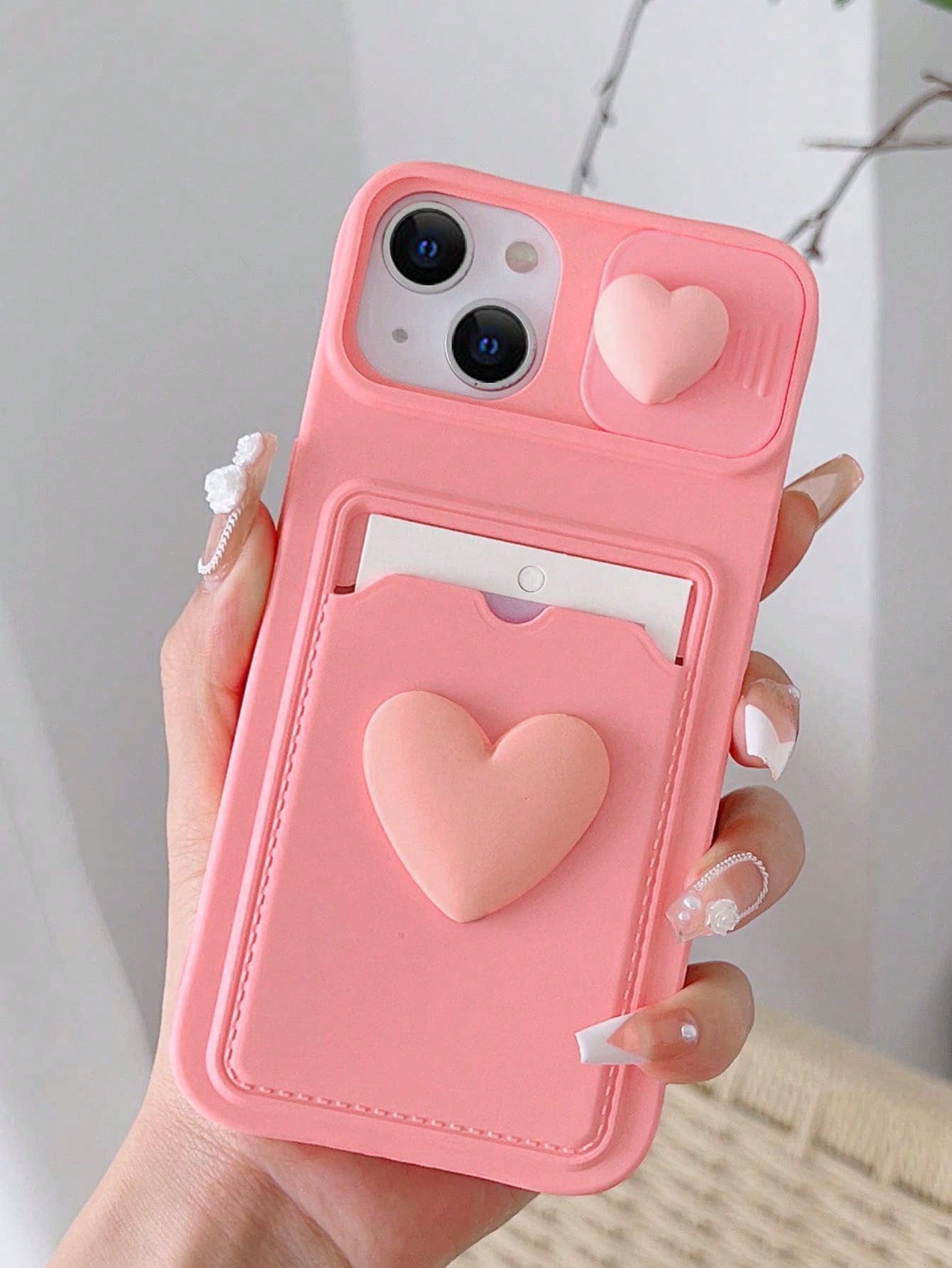 Pull-And-Slide Transparent Double Heart-Shaped Pendant Picture Frame Card Holder Phone Case Compatible With Iphone