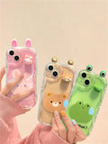 Korean Cute 3D Ears Pink Rabbit Transparent Wavy Phone Case Compatible With IPhone 15 14 13 12 12 11 Pro Max Plus Lovely Animal Girl Soft Shockproof Bumper Cover