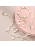 Heart Shaped Pendant &amp; Pearl Jewelry Set For Children, Including Necklace, Bracelet, Ring And Earrings