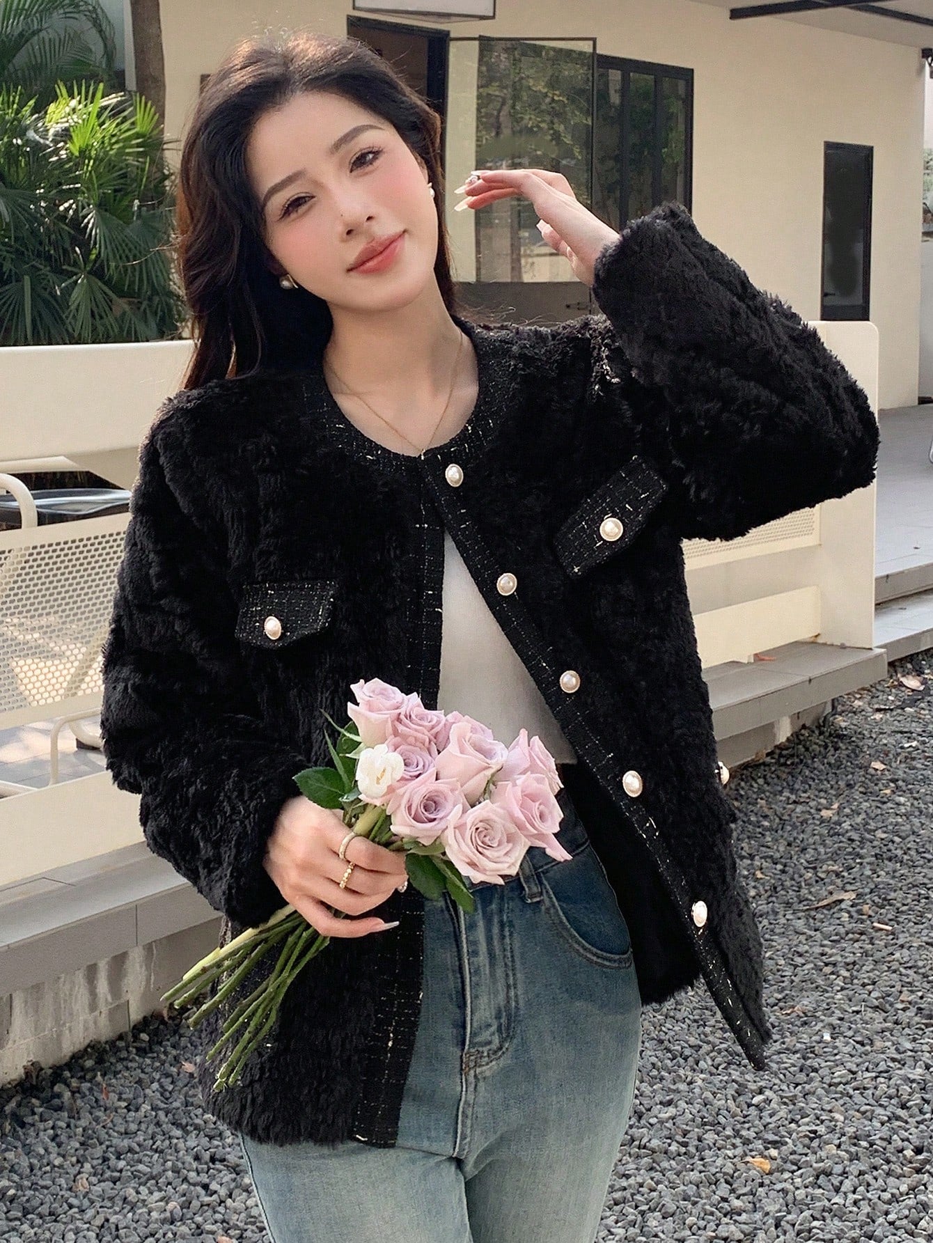 Contrast Trim Drop Shoulder Teddy Coat