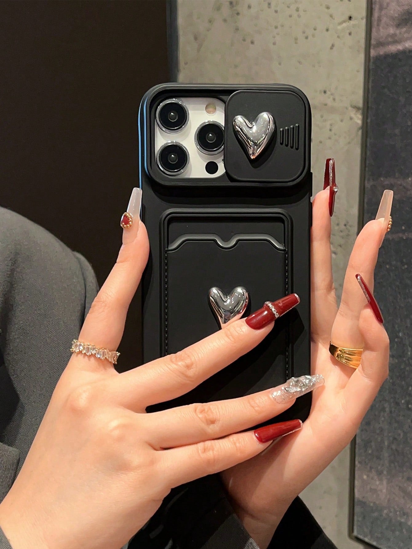 Dual Heart-Shaped Frame Slide Case With Card Holder Compatible With IPhone, Electroplated