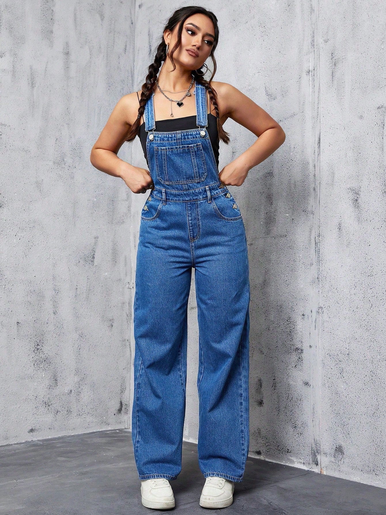 Casual Solid Color Patchwork Pocket Denim Overalls