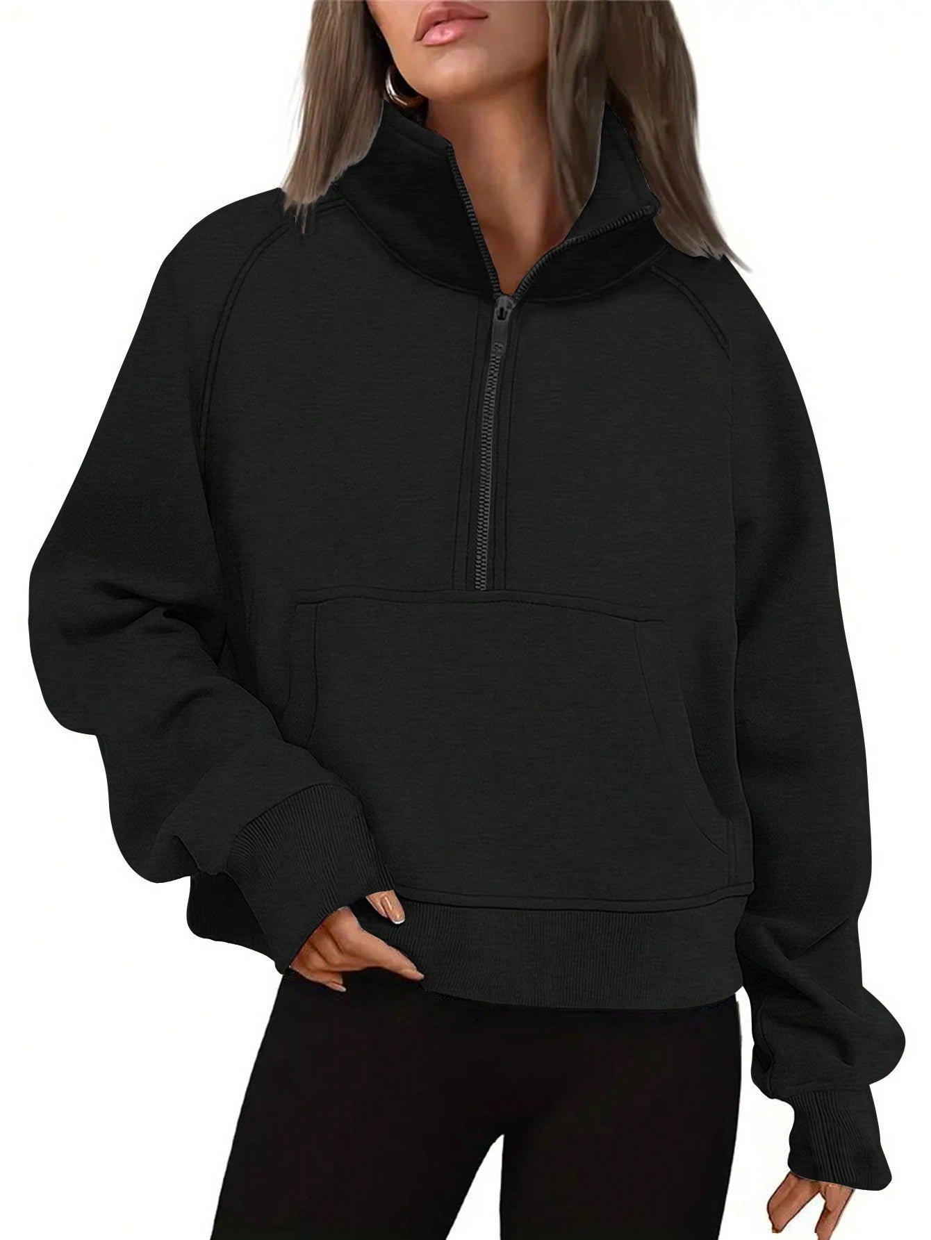 Women's Solid Color Zipper Half Placket Sweatshirt With Raglan Sleeve
