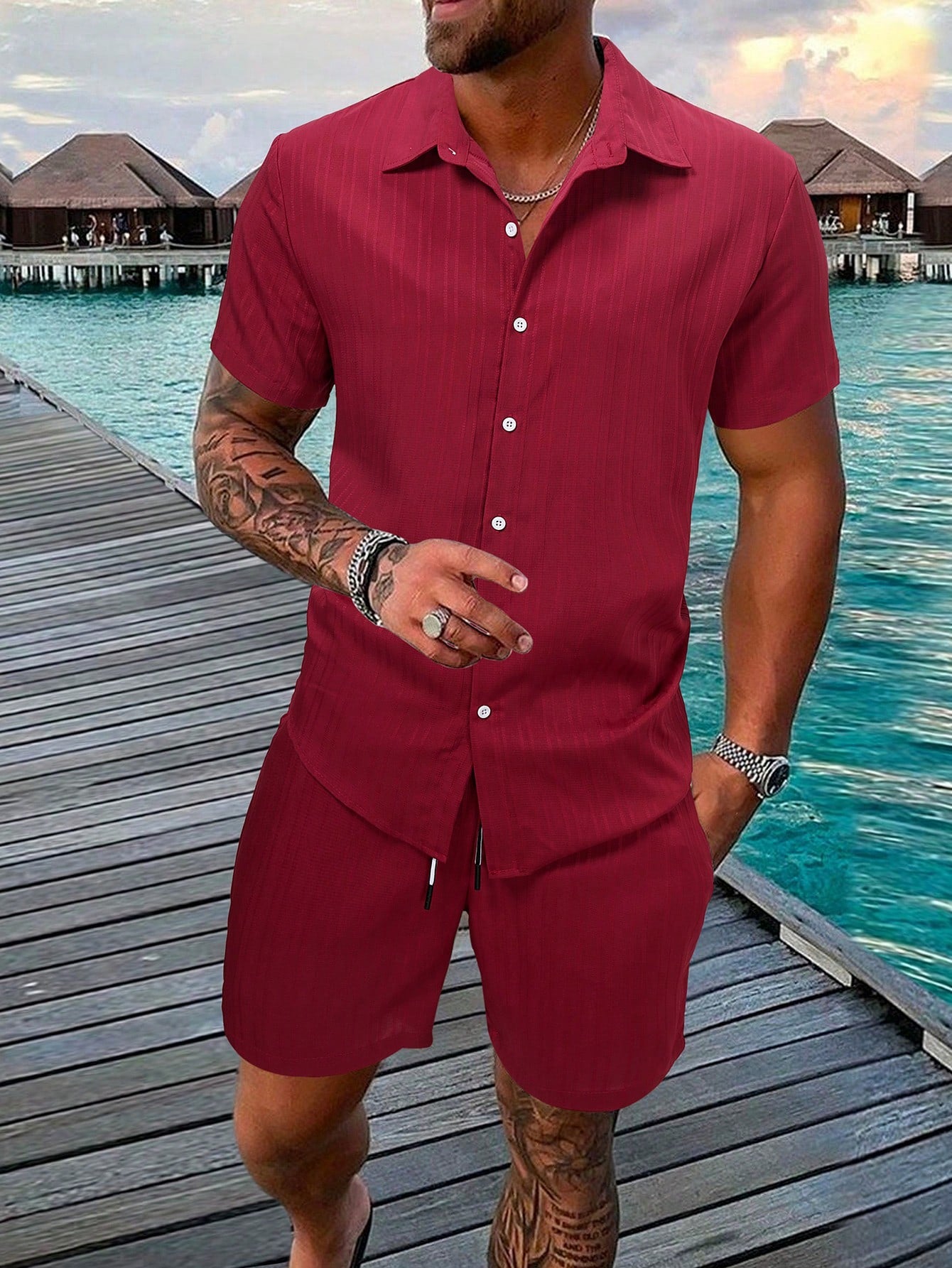 Men Solid Shirt & Drawstring Waist Shorts