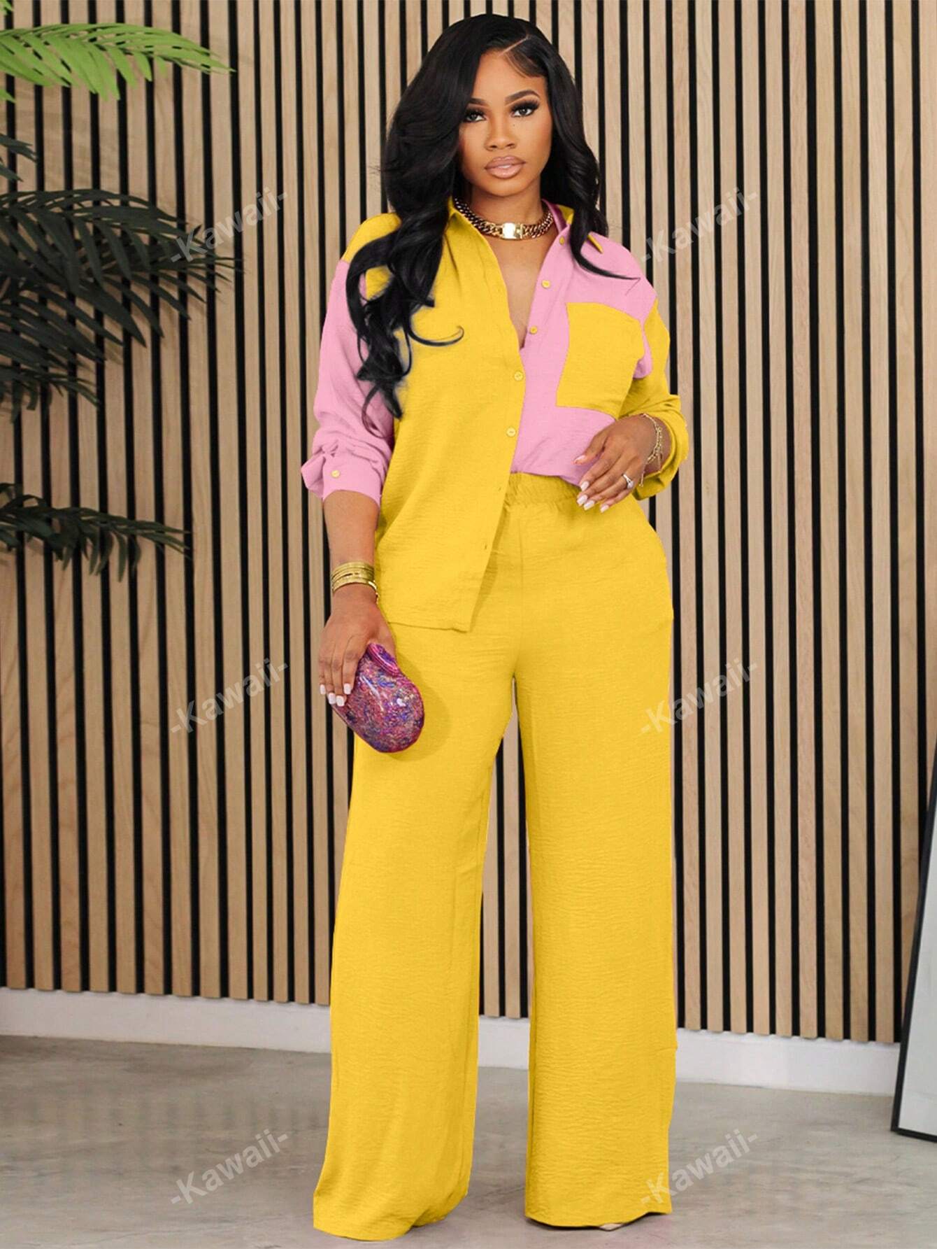 Colorblock Pocket Patched Shirt & Wide Leg Pants
