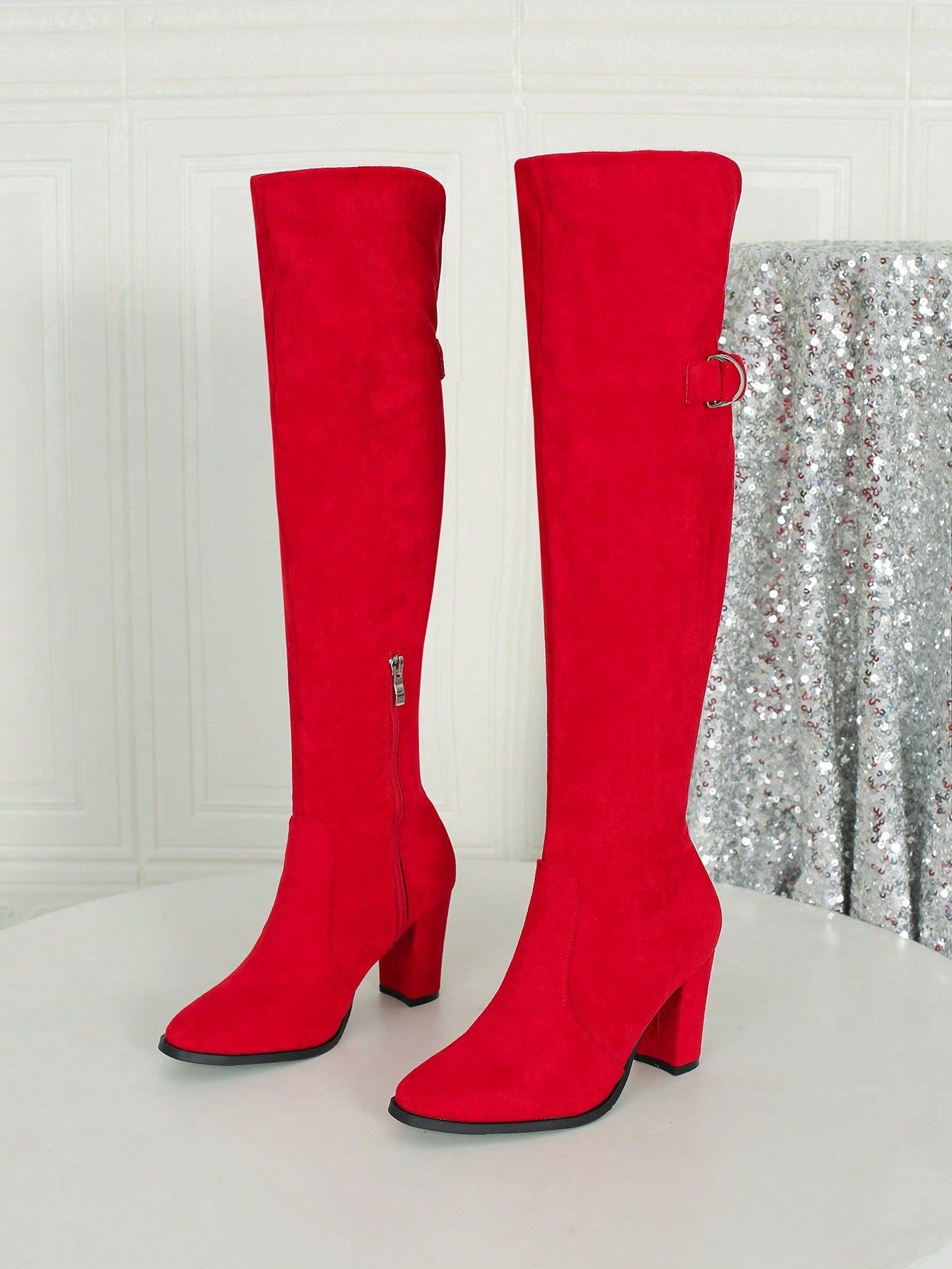 Autumn/Winter Outdoor Events High Block Heel Square Toe Shoes, Work Shoes, Party Trendy Fashion, Perfect For Spring Outing, Wedding, Sexy And Versatile Over The Knee And Thigh High Suede Boots, Snug Fit Boots (Plus Size Available)