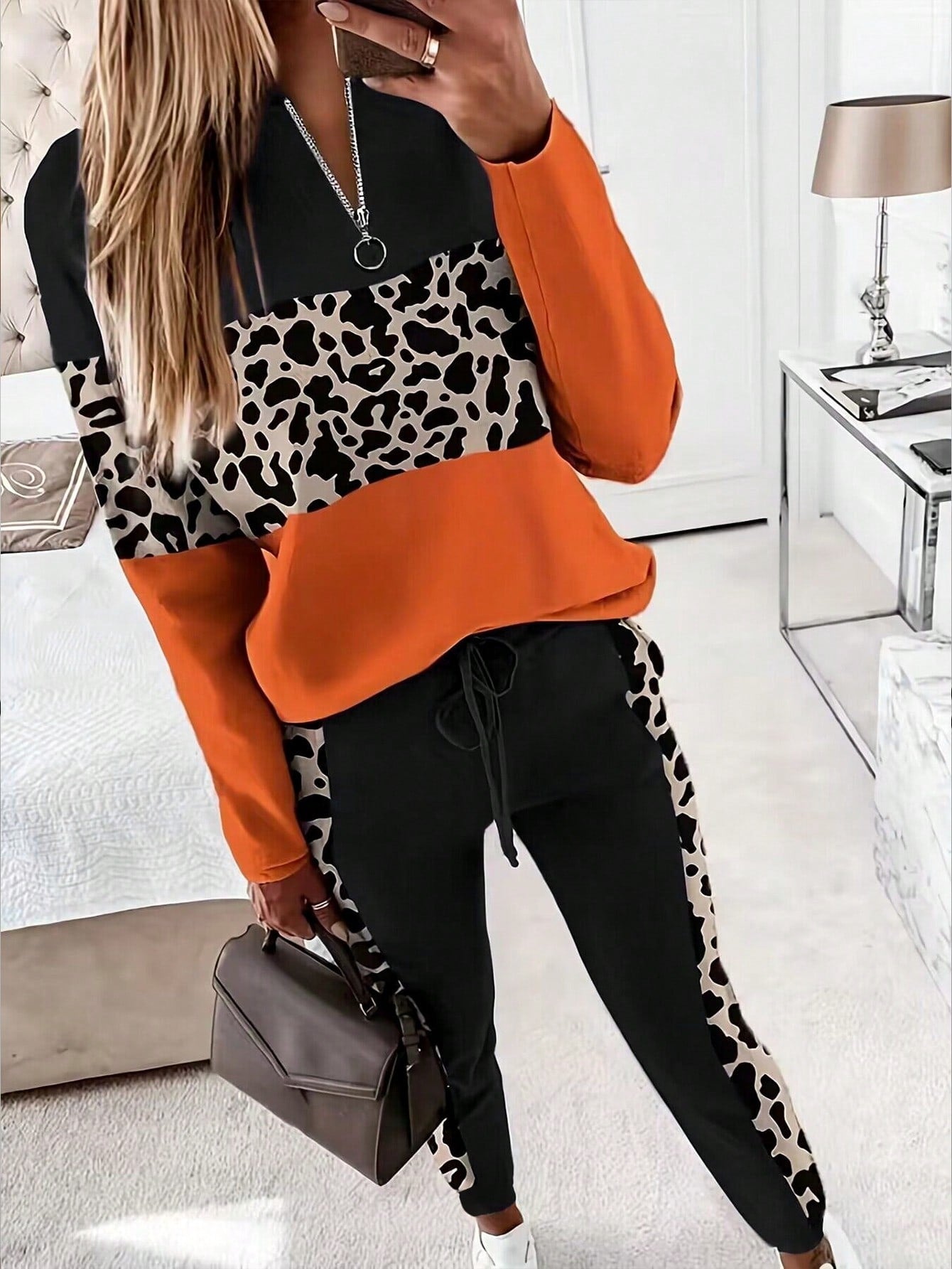 New Arrival Autumn & Winter Cross-border European And American Style Leopard-print Splice Zipper V-neck Long-sleeved Top And Pants Two-piece Set