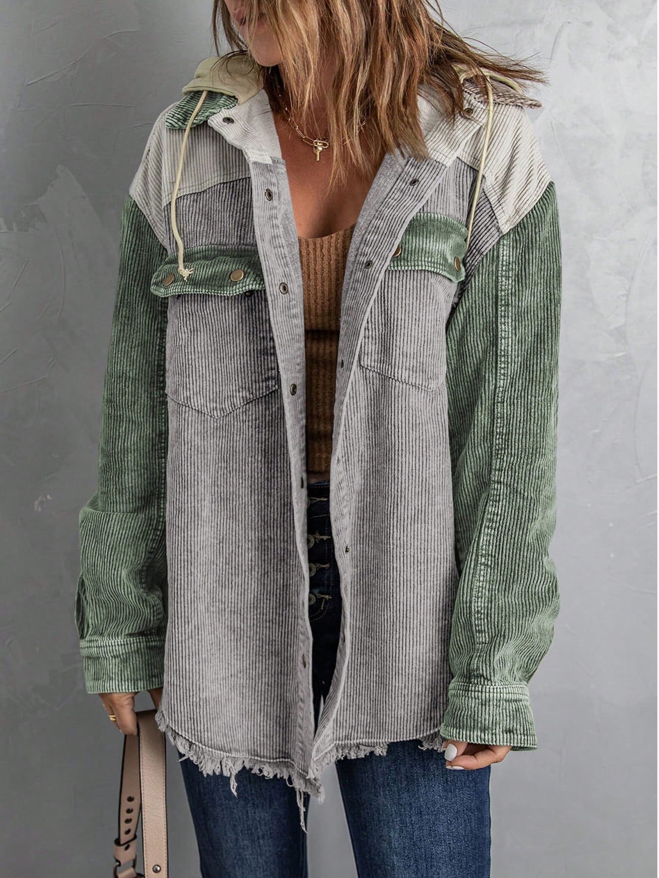 Colorblock Flap Pocket Drop Shoulder Drawstring Hooded Corduroy Coat