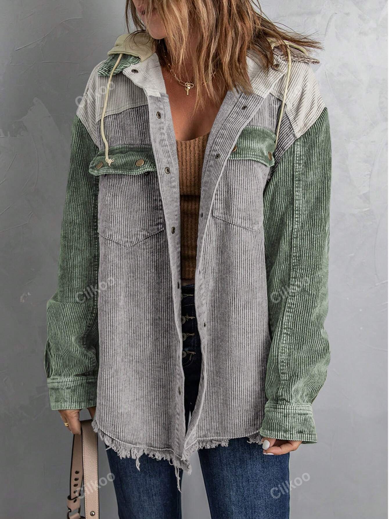 Colorblock Flap Pocket Drop Shoulder Drawstring Hooded Corduroy Coat