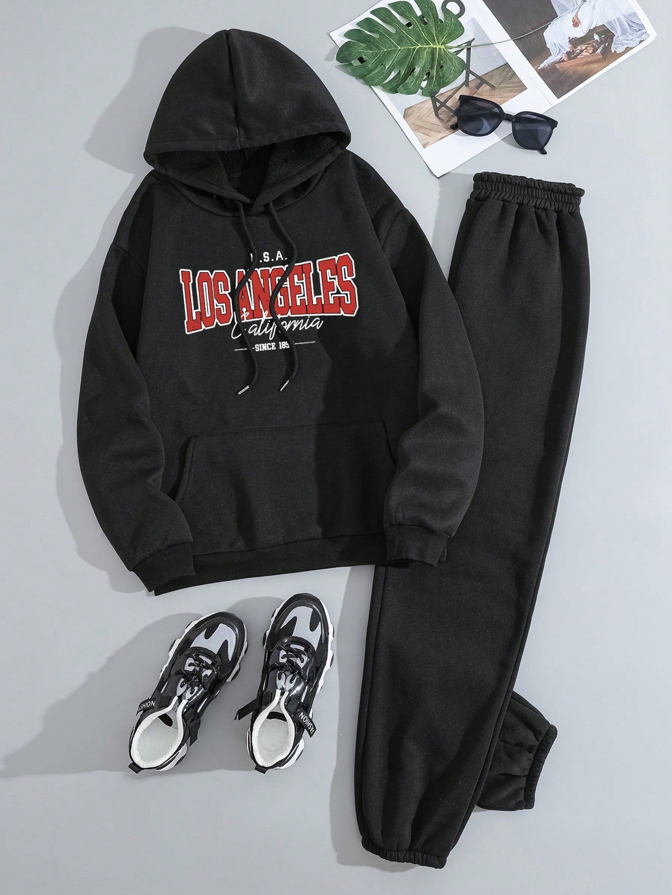 2pcs/Set Solid Color Long Sleeve Hoodie And Sport Pants
