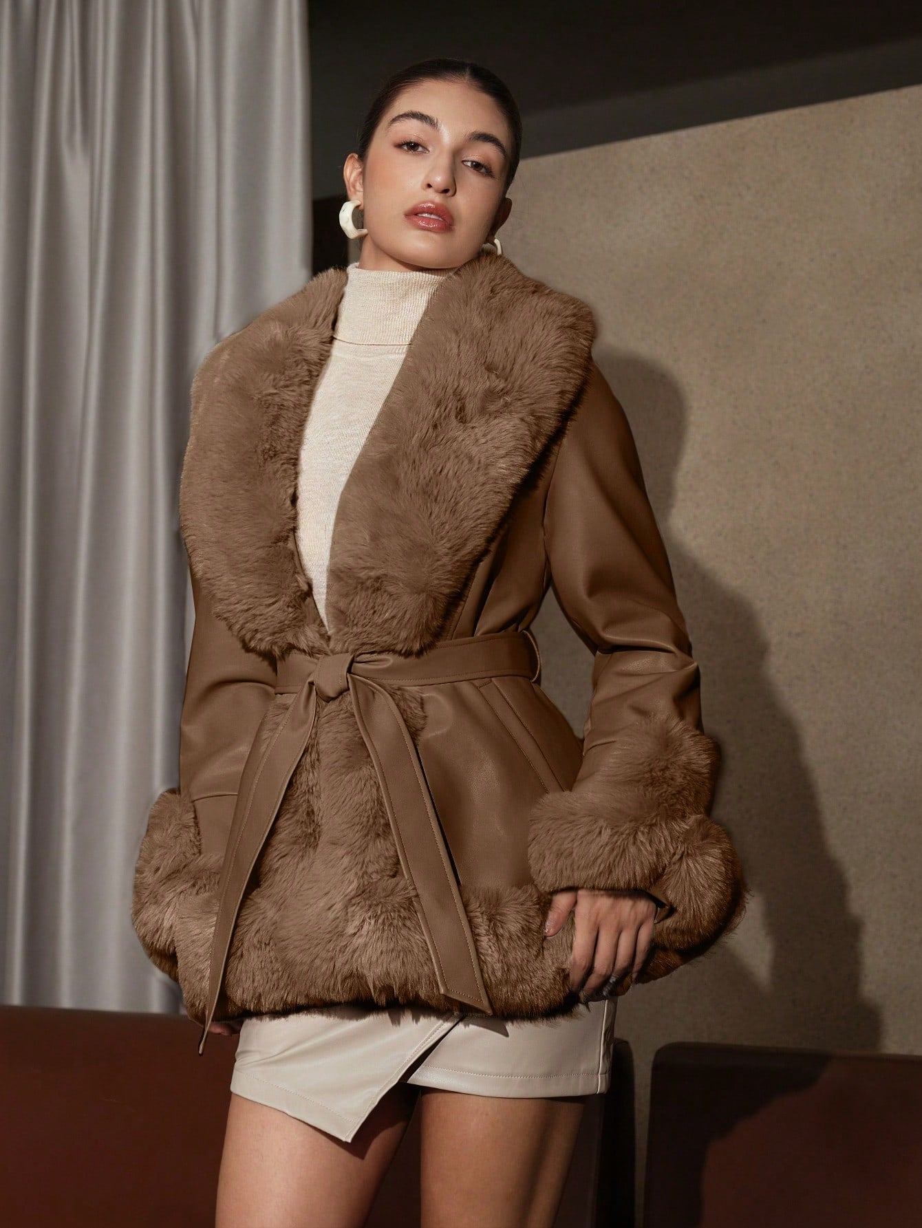 Anewsta Fuzzy Collar Belted Coat
