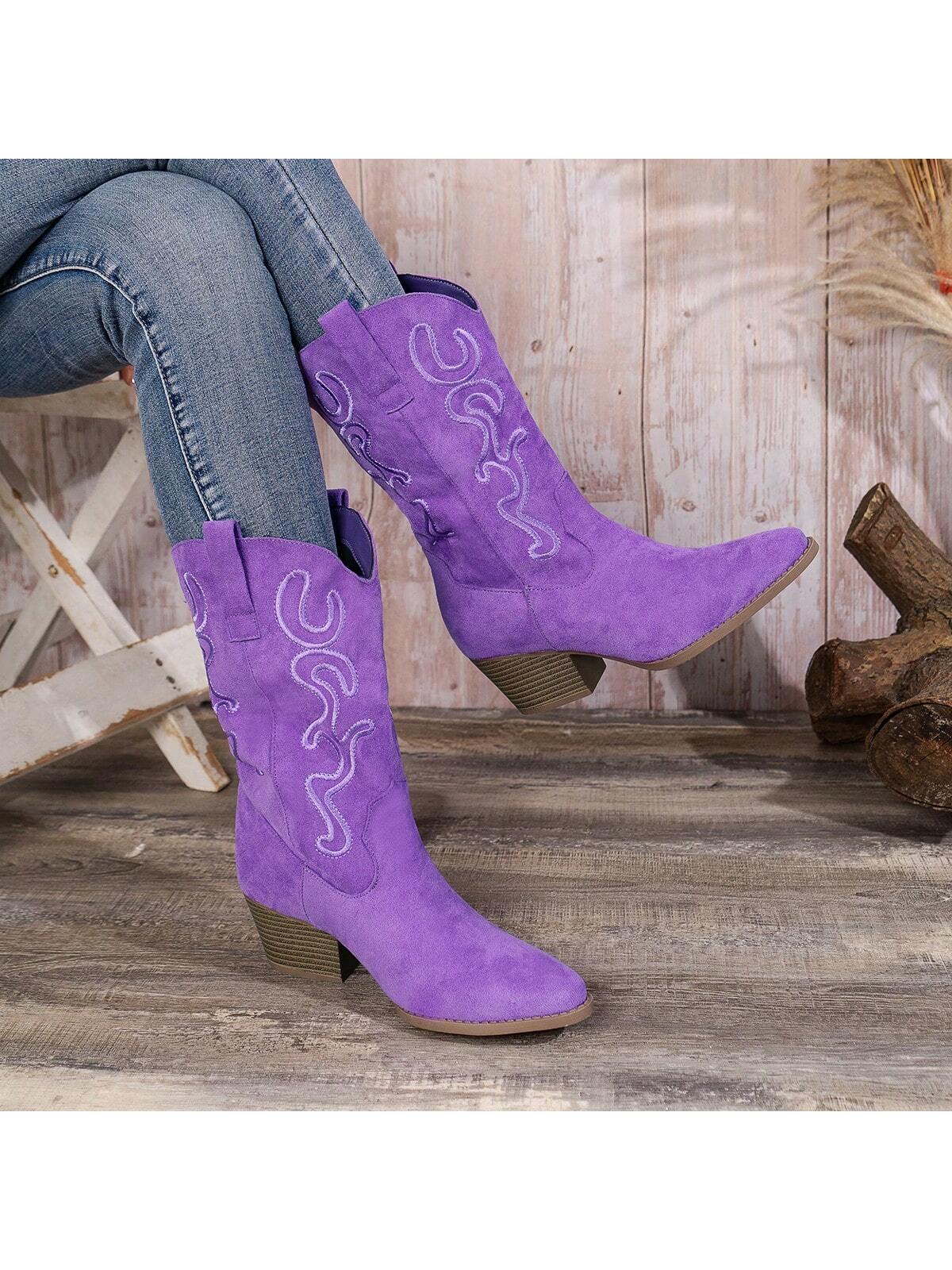 Women's Fashion Embroidered Western-Style Mid-Calf Boots With Wedge Heels, Cowboy Boots For Women