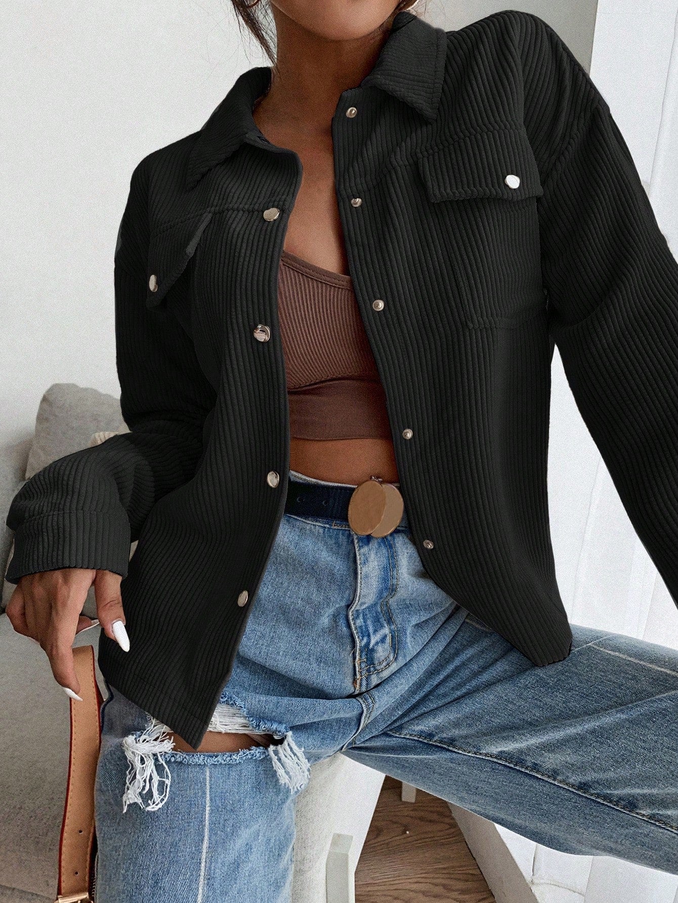 Apricot Flap Pocket Button Front Corduroy Jacket
