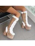 Women's European-style Fashion Sweet And Cool Spliced Leather Buckle Design Thickened High Heeled Knee-high Boots With Anti-slip Soles And Height Increasing Effect