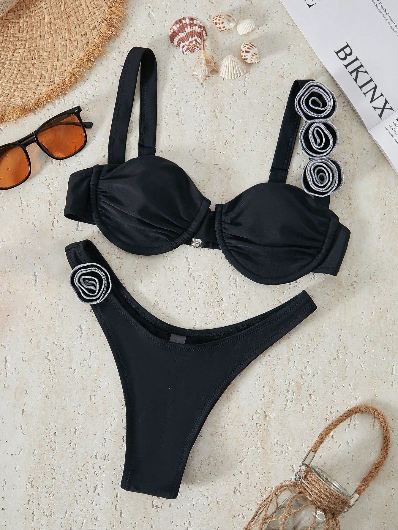 Bikinx Solid Color Underwire 3d Flower Design Sexy Bikini Set