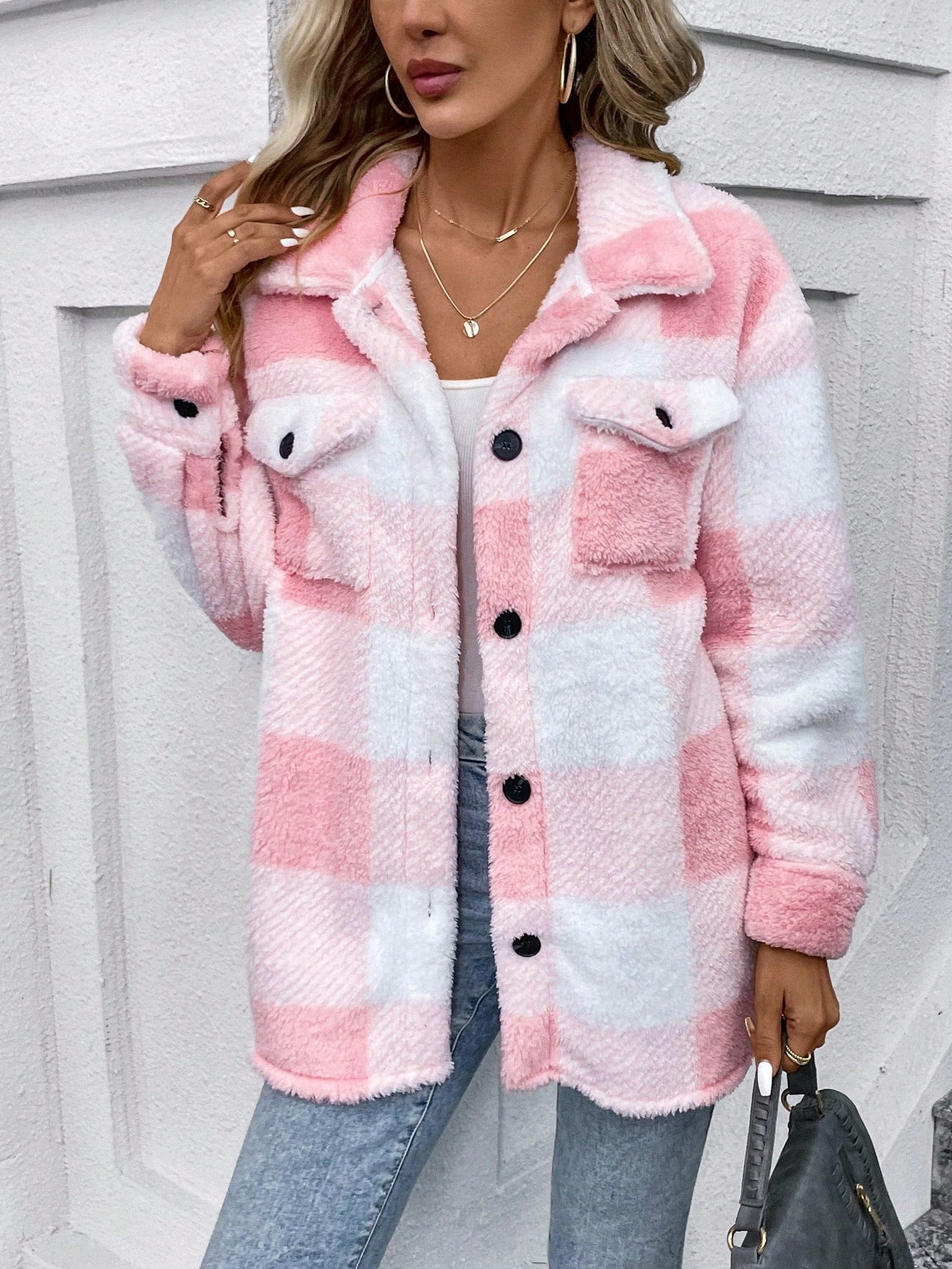 Buffalo Plaid Pattern Drop Shoulder Flap Pocket Teddy Coat