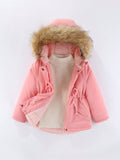 Little Girls' Hooded Mid-Length Outdoor Casual Thickened Coat With Adjustable Waist For Winter