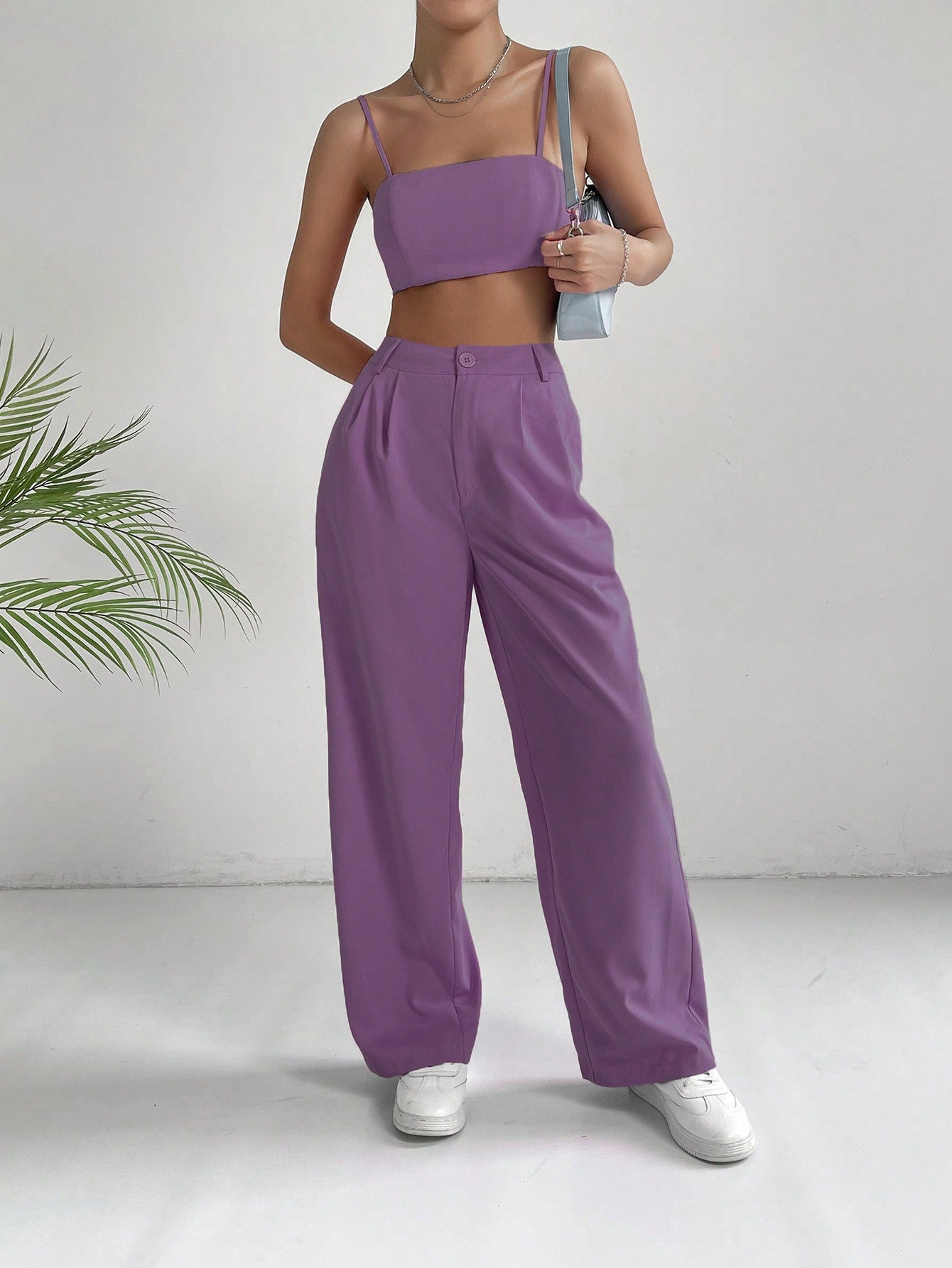 Commuting Style Pink Solid Crop Cami Top & Wide Leg Pants