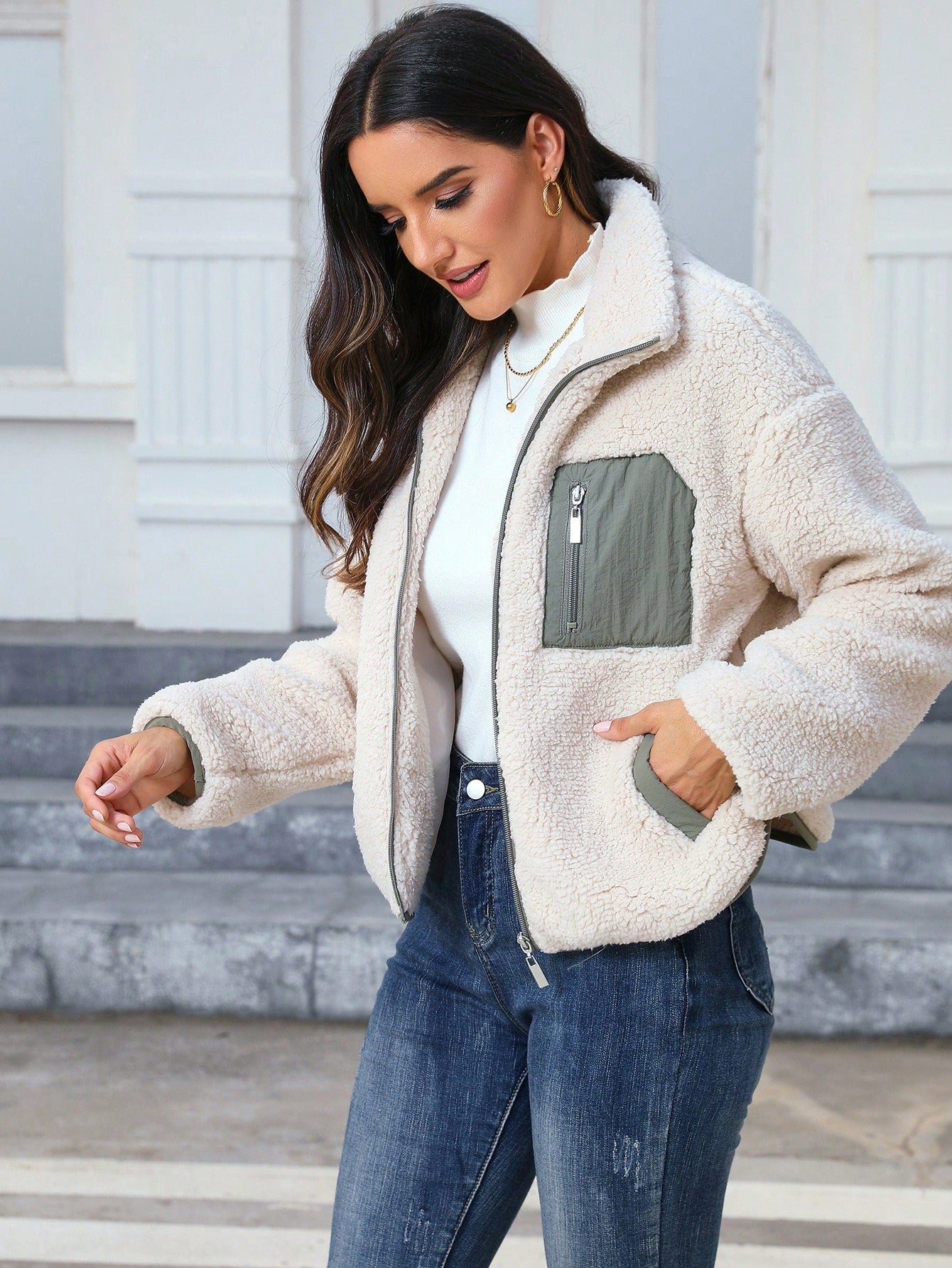 Contrast Panel Drop Shoulder Teddy Jacket