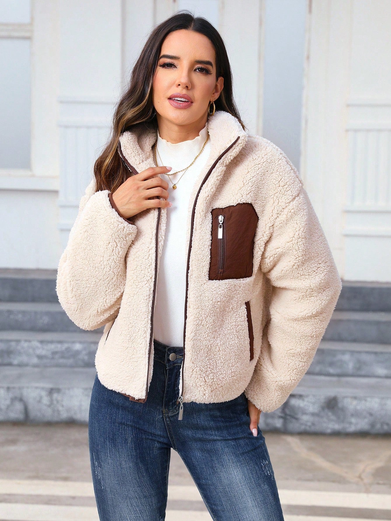 Contrast Panel Zip Up Teddy Jacket