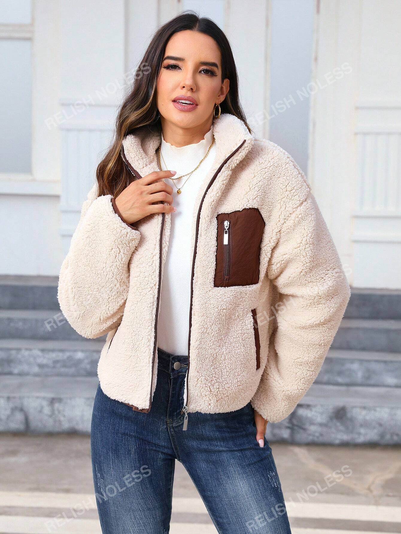 Contrast Panel Drop Shoulder Teddy Jacket