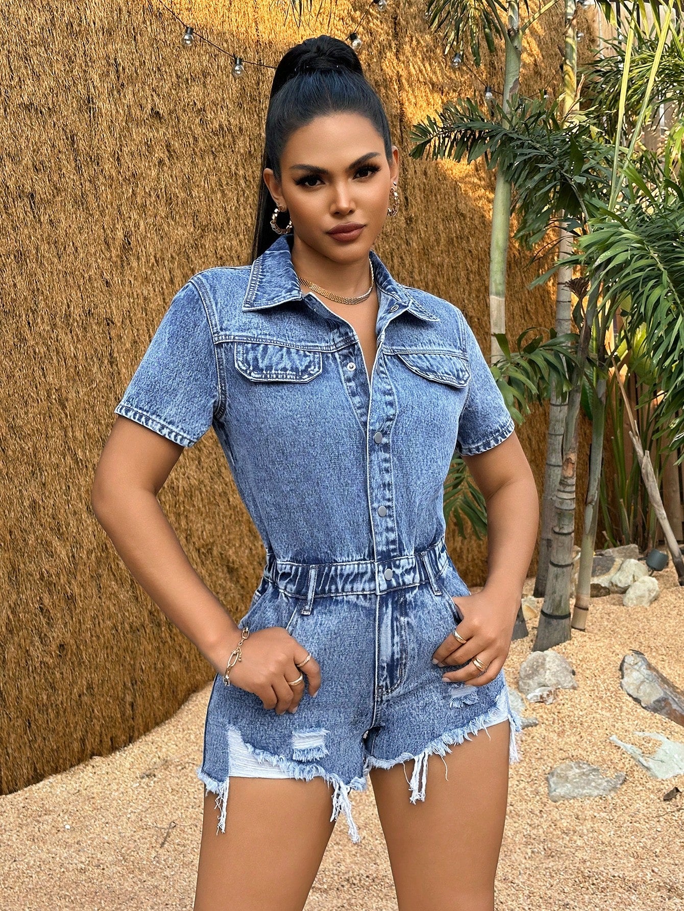 Button Front Ripped Raw Hem Denim Romper