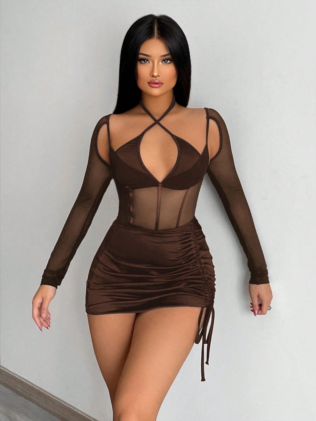 Crisscross Halter Neck Mesh Insert Bodysuit & Drawstring Side Bodycon Skirt