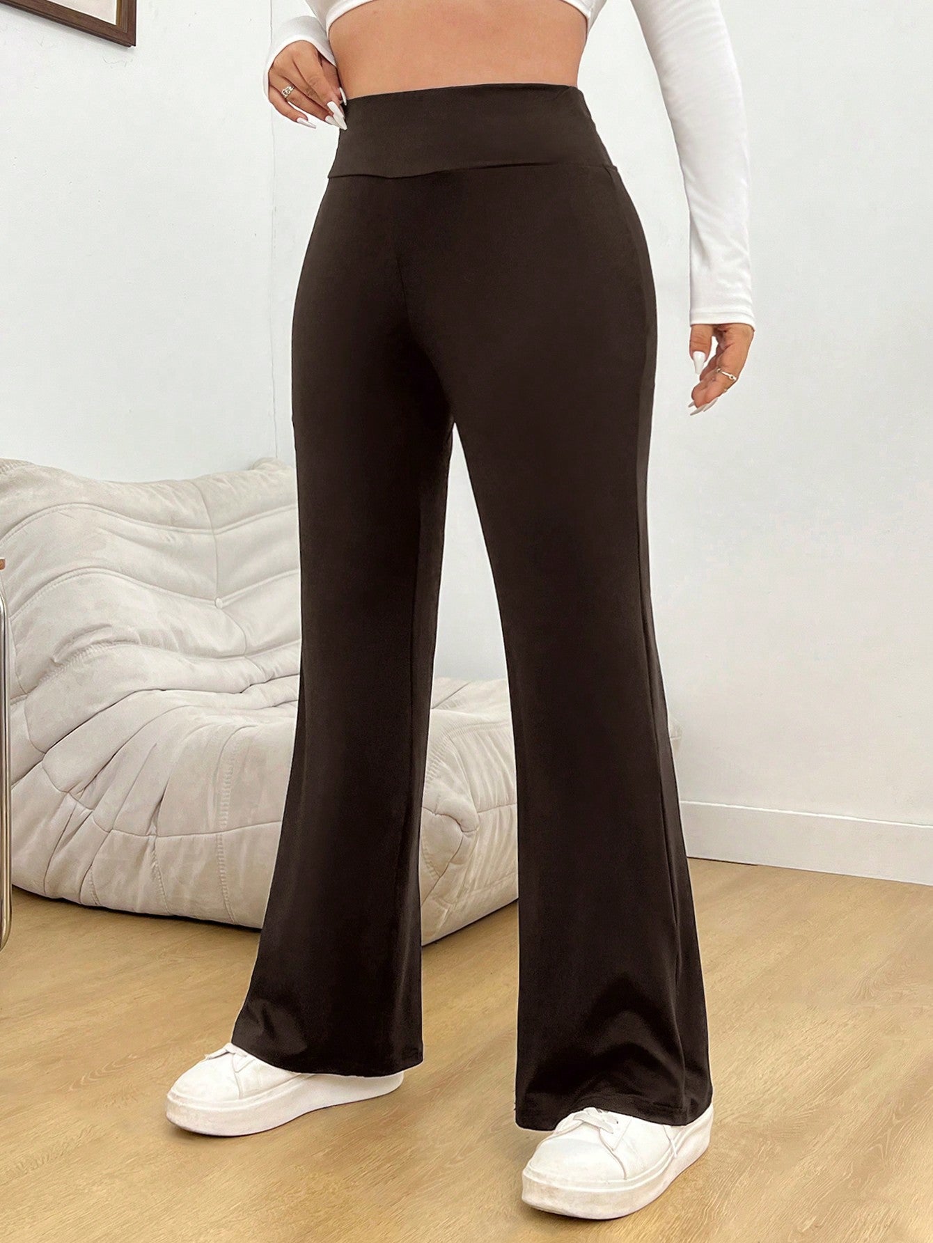 Plus Size Women's Vintage Look Acid Washed Black Knitted High Waist Flared Pants, Suitable For Daily,Casual, Outdoor Sports, And Personalized Matching, Using Stone-Washed Heavy-Duty Technology In Summer.