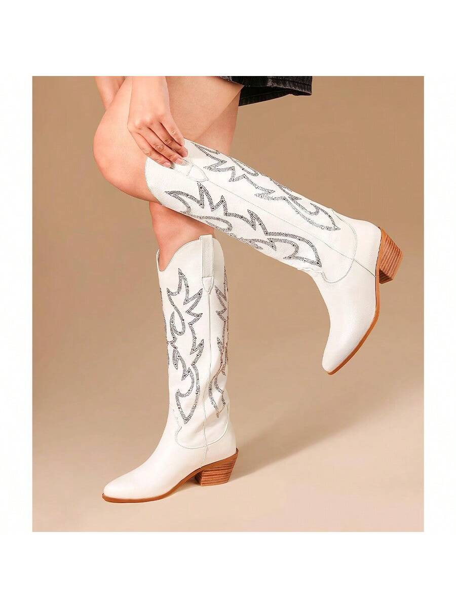 Cowboy Boots For Women, Cowgirl Boots With Sparkly Rhinestone, Almond Toe Low Heel Pull On Westerm Fashion Embroidery Knee High Metallic Cowgirl Boot For Ladies