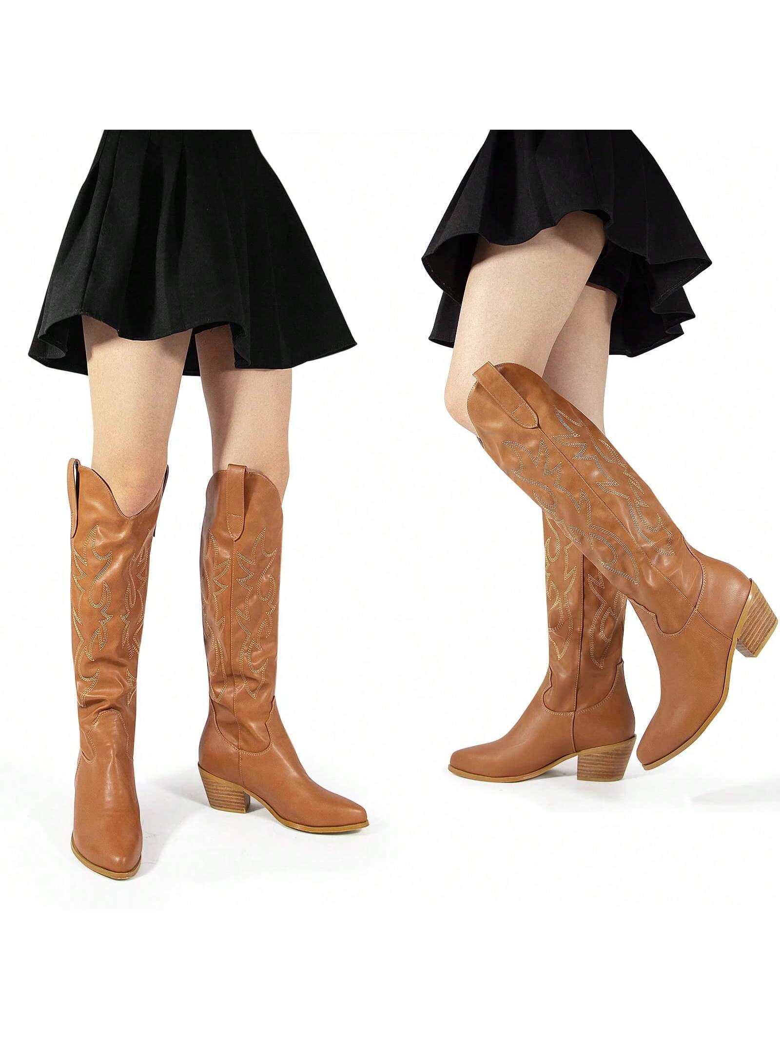 Cowboy Boots For Women, Cowgirl Boots With Sparkly Rhinestone, Almond Toe Low Heel Pull On Westerm Fashion Embroidery Knee High Metallic Cowgirl Boot For Ladies