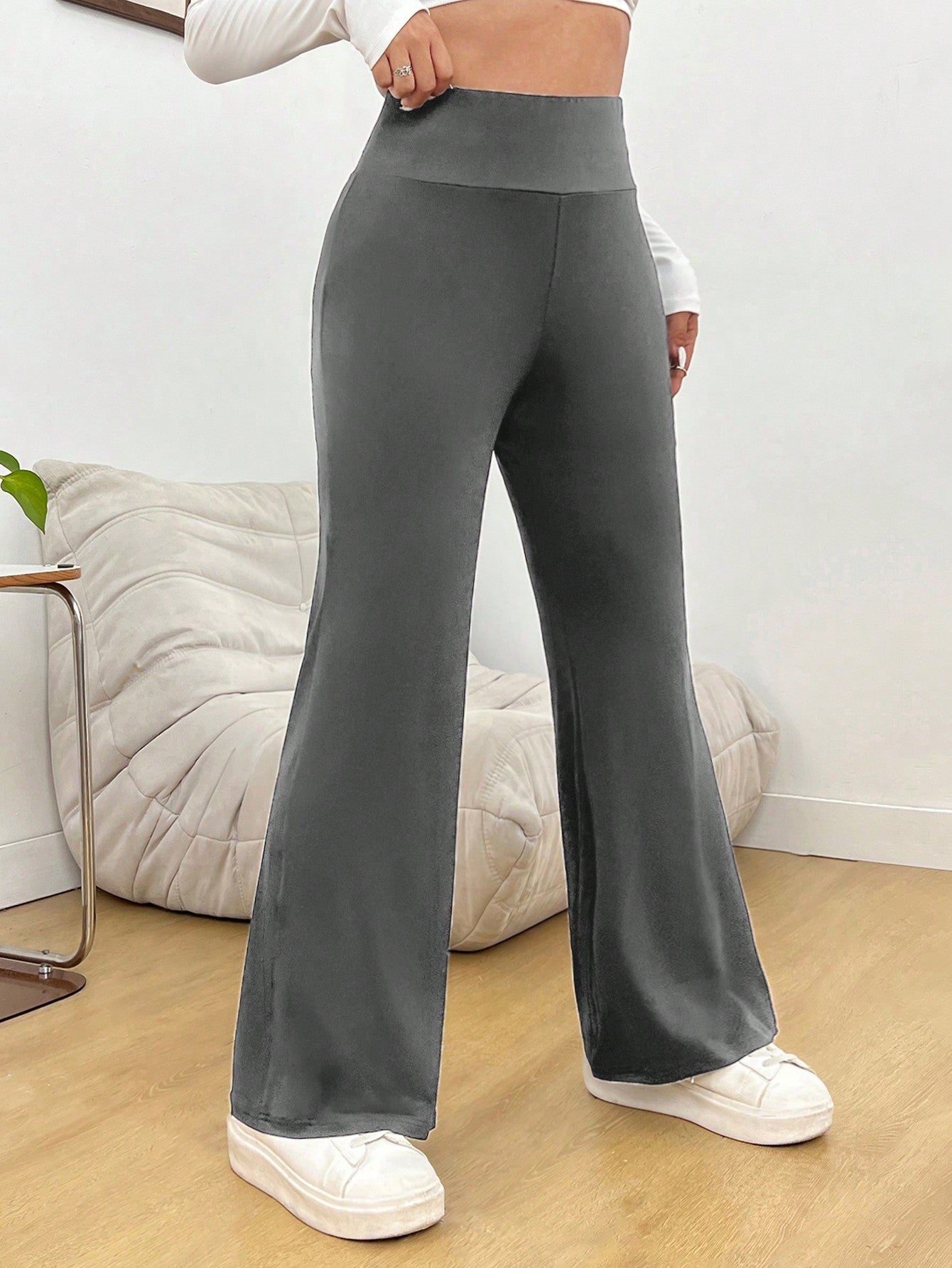 Plus Size Women's Vintage Look Acid Washed Black Knitted High Waist Flared Pants, Suitable For Daily,Casual, Outdoor Sports, And Personalized Matching, Using Stone-Washed Heavy-Duty Technology In Summer.