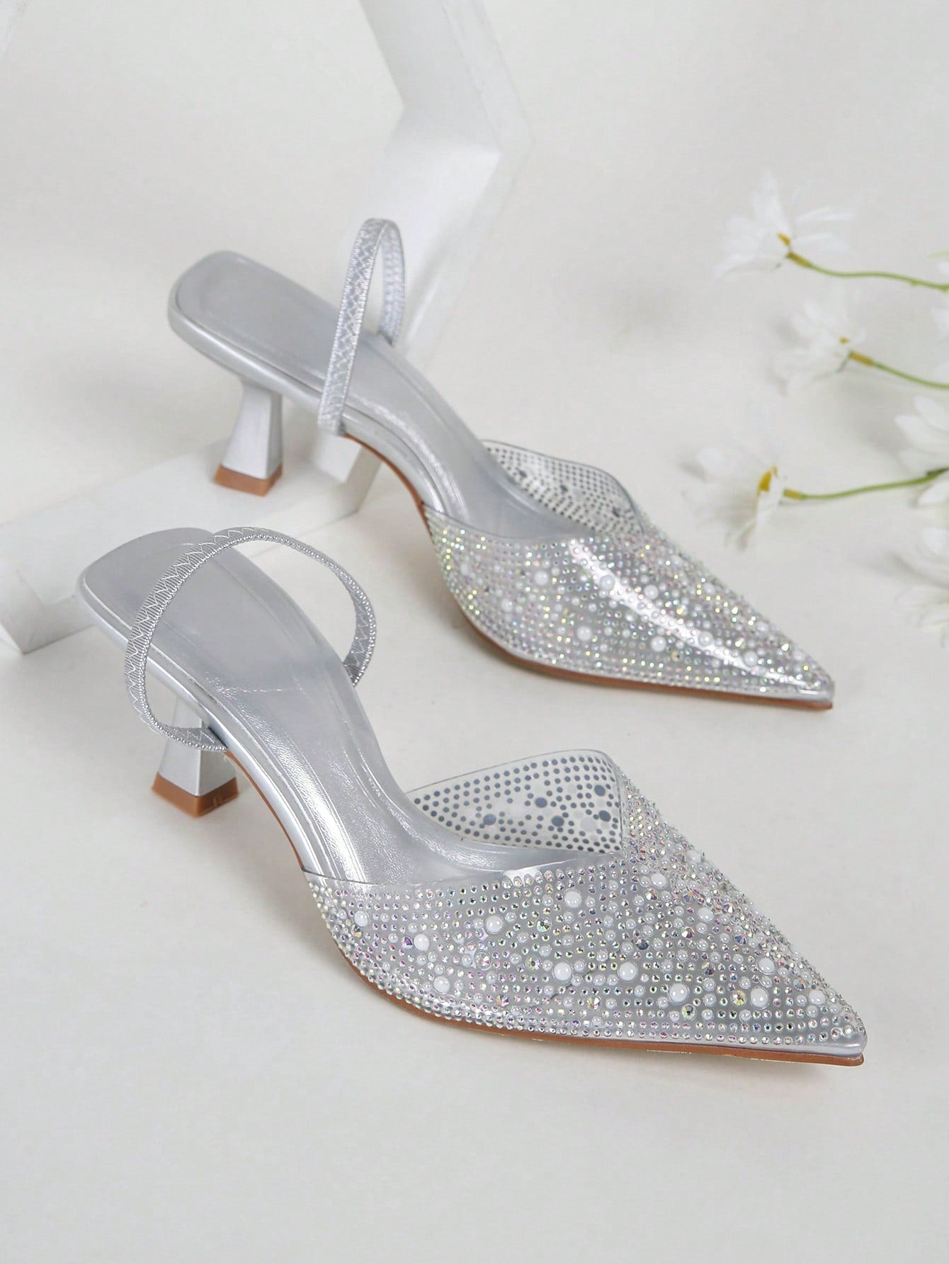 Charming Women's Fashion Silver High Heels, Transparent & Pointed & Rhinestone Decor Stiletto Heels