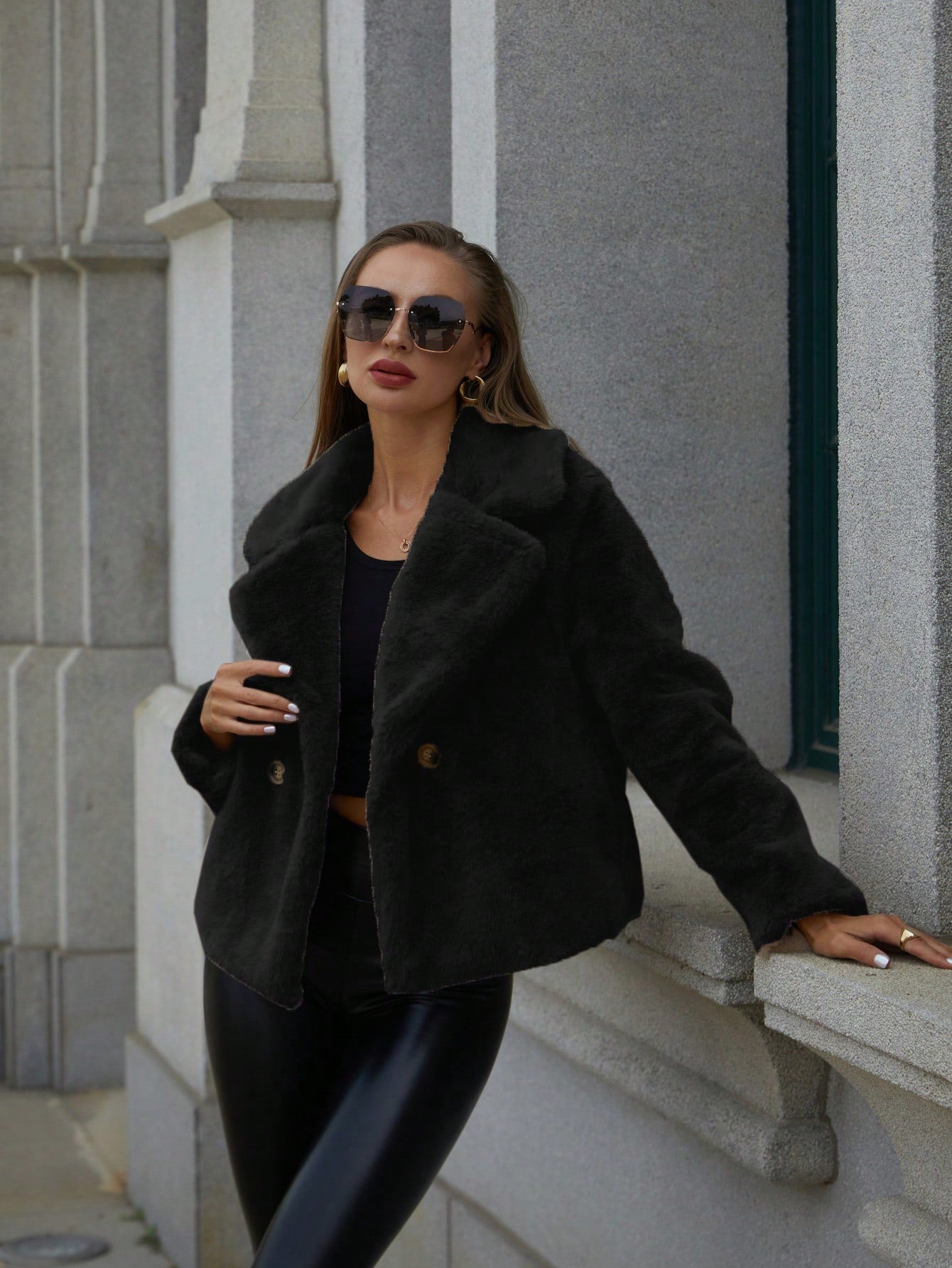 RELISH NOLESS Solid Color Turn Down Collar Plush Coat
