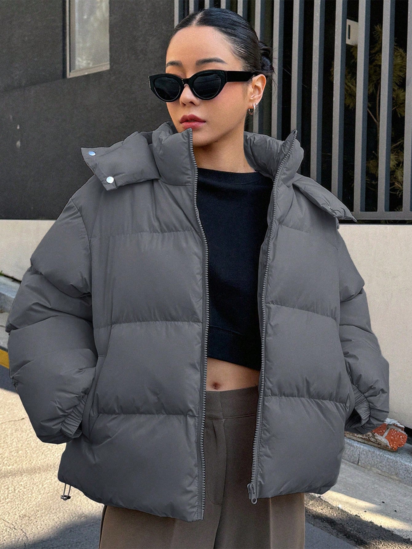 Pocket Side Zipper Hooded Padded Coat