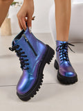 Women's Comfortable And Versatile Holographic Reflective High-shine Eye-catching Round-toe Lace-up Boots With Zipper Design And Thick Sole Suitable For Night Running, Parties And Gatherings, Fall And Winter New Trendy Blue Fashionable Boots