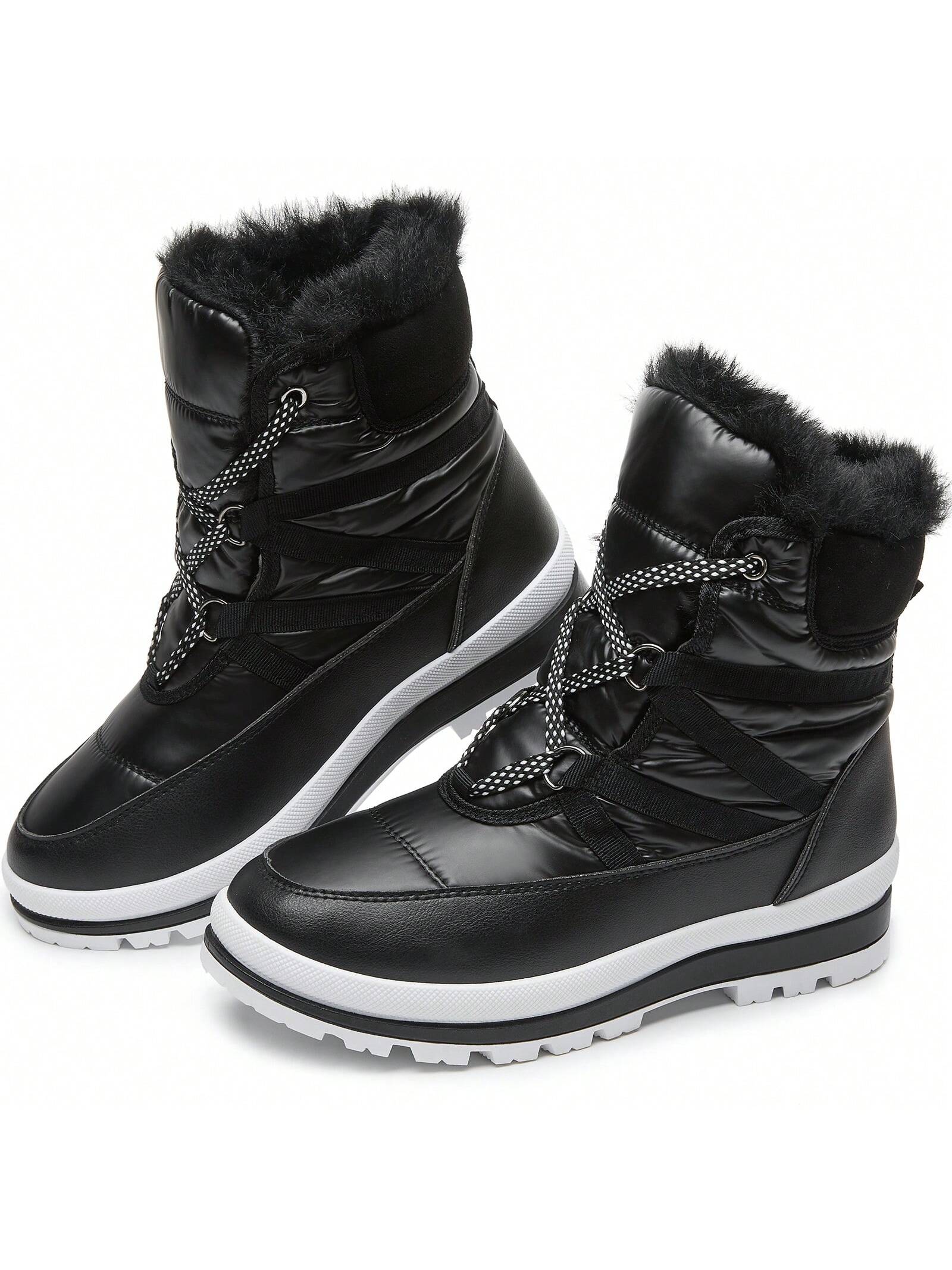 BABUDOG Womens Warm Fur Lined Mid-Calf Boots Waterproof Winter Snow Boots Non-Slip Lace Up Combat Boots