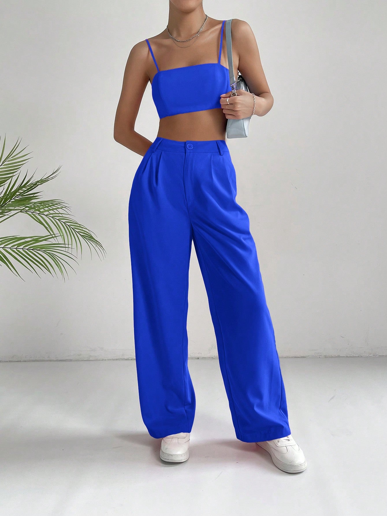 Commuting Style Pink Solid Crop Cami Top & Wide Leg Pants