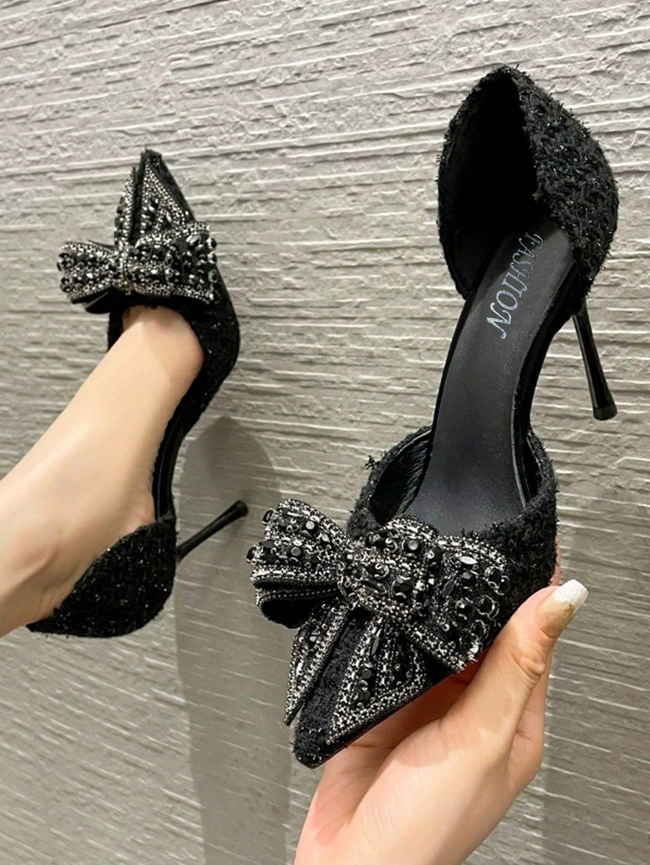 Women's High-Heeled Sandals, Thin Heels, Breathable Hollow Out, Small Bow Tie, Uncommon Style, Match With Skirts, Rhinestone Decoration, Pink