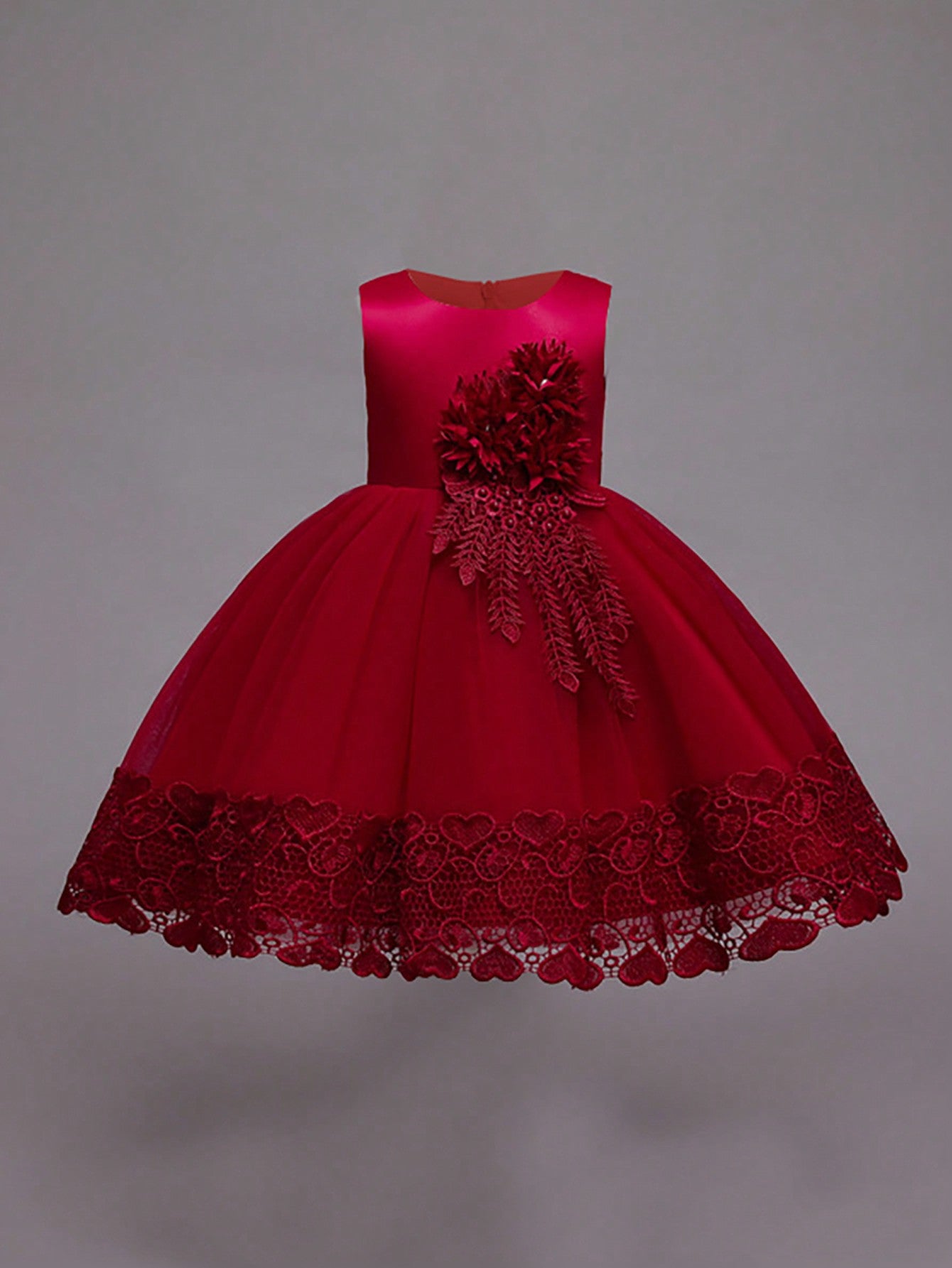 Young Girl Solid Color Sleeveless Round Collar Dress With 3d Flower Decoration And Tulle Spliced Puffy Skirt, Elegant Dress For Party