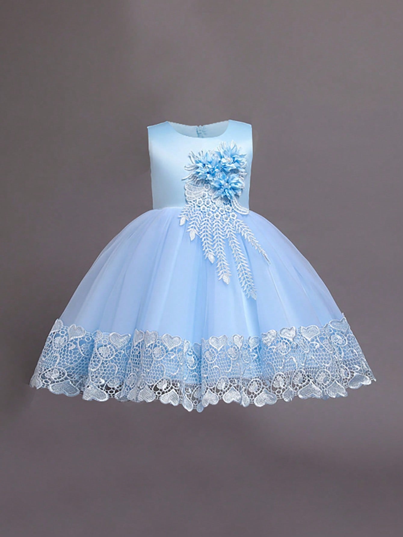 Young Girl Solid Color Sleeveless Round Collar Dress With 3d Flower Decoration And Tulle Spliced Puffy Skirt, Elegant Dress For Party