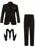 3pcs Back-To-School Tween Boys Slim Fit Black Suit Set: Jacket, Trousers, And Suspenders