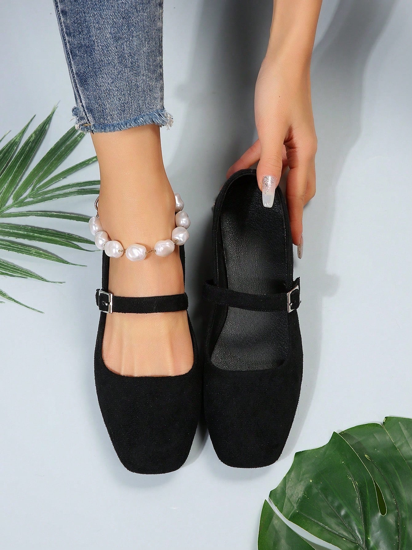 French Style Vintage Square Toe Flat Shoes With Ankle Strap, Spring New Arrival