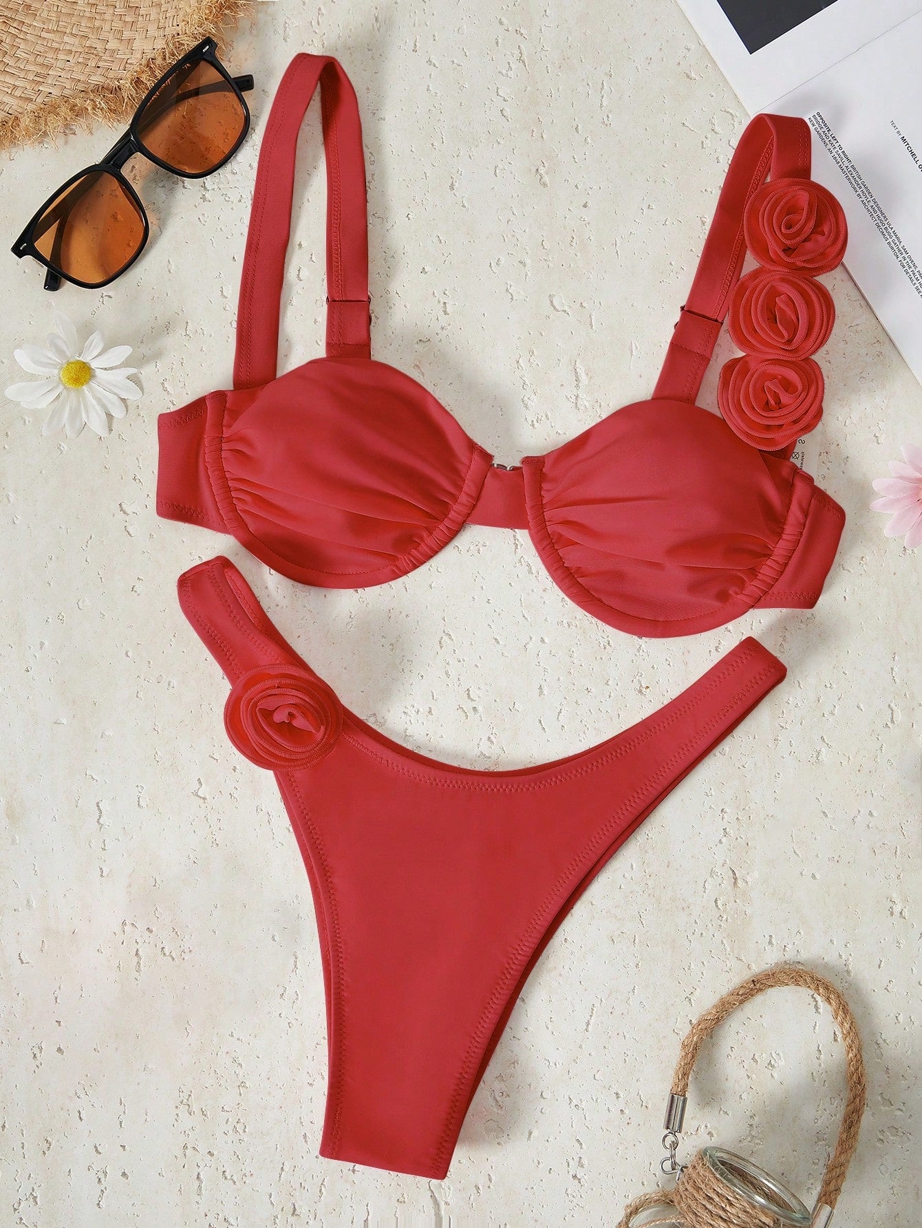 Bikinx Solid Color Underwire 3d Flower Design Sexy Bikini Set