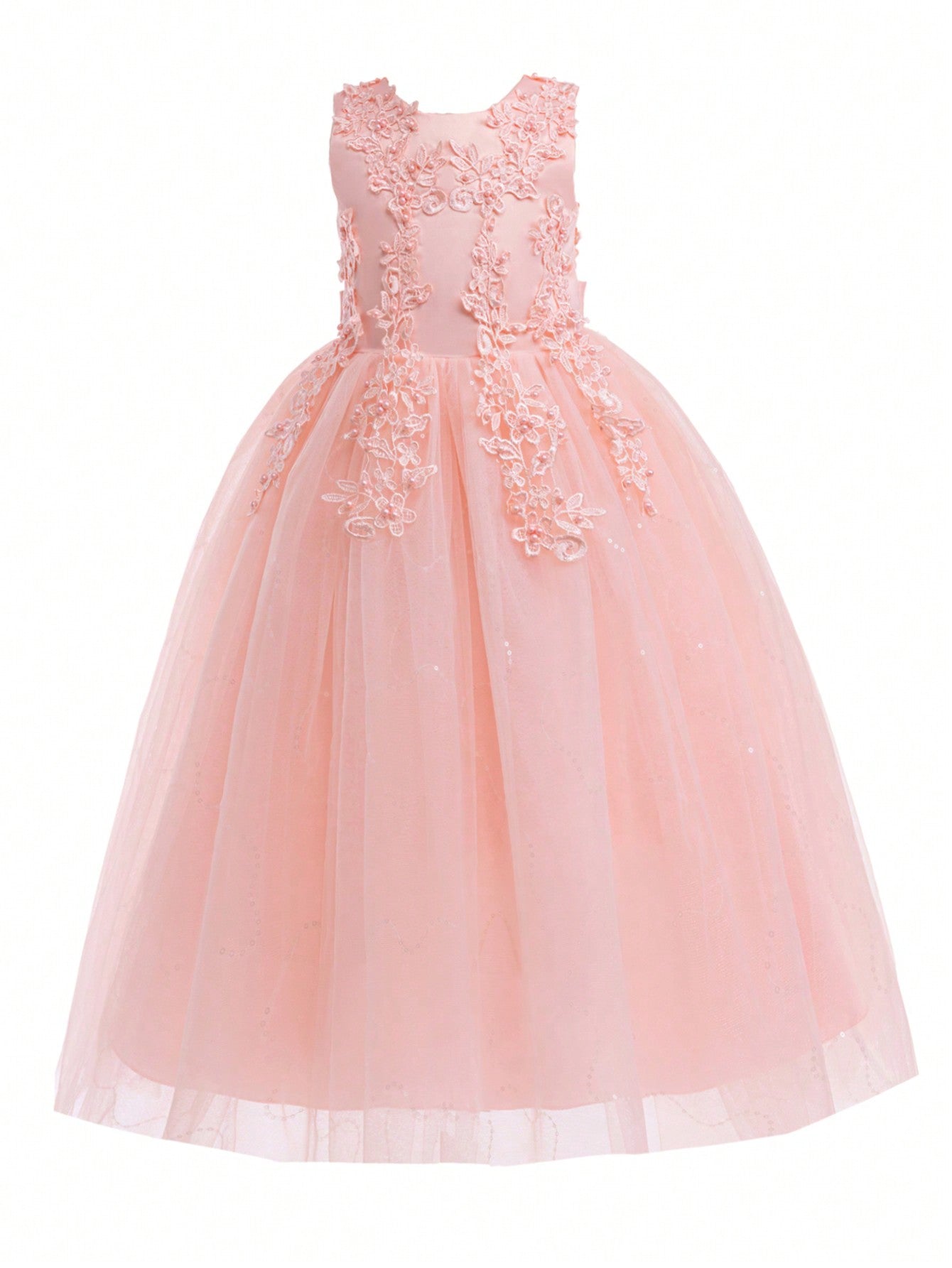 Tween Girl Floral Appliques Bow Back Mesh Overlay Party Dress