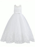 Young Girl Elegant Lace Mesh Beaded Bowknot Dress, Suitable For Beach, Flower Girl, Vacation, Wedding, Party In Summer.
